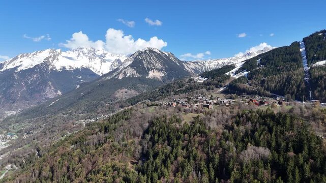 Aerial view nature landscape of le Praz village in Courchevel ski resort by spring, French alps mountains