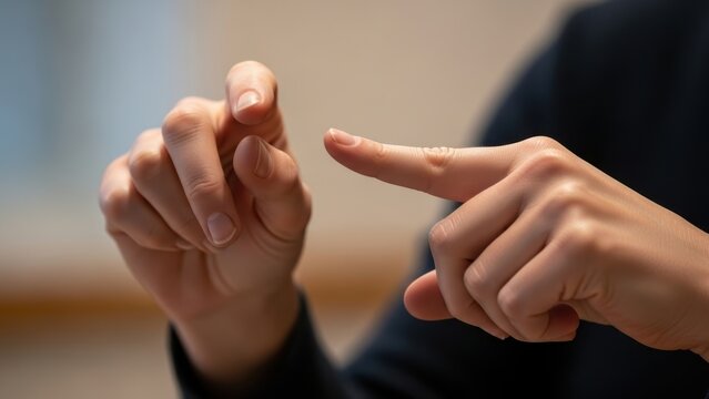 Hands making a gesture in sign language against a blurred office background.