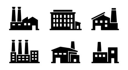 Fototapeta premium Industrial factory buildings vector icons set for manufacturing and construction design needs