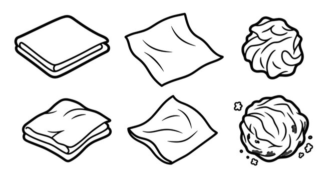 A minimalist vector illustration of various crumpled paper napkins and towels in different states