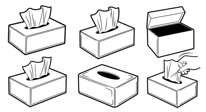 A minimalist vector illustration of various tissue box designs and uses