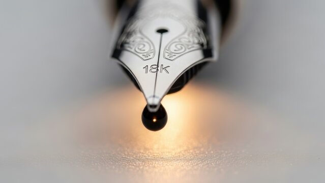 Elegant close-up of an 18k gold fountain pen nib with an ink drop on the tip.