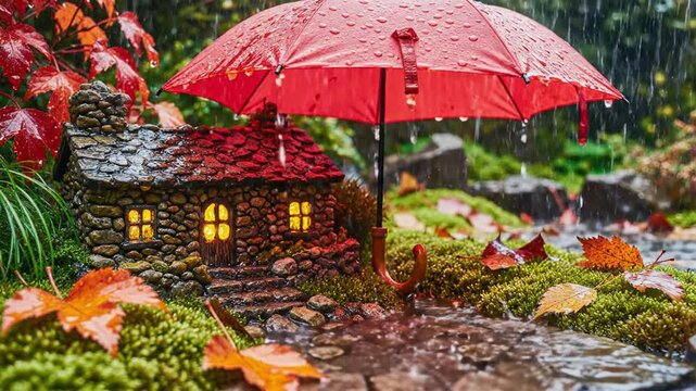 Tiny stone cottage under red umbrella in rainy autumn garden
