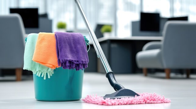 Cleaning supplies on floor ready for office hygiene, copy space