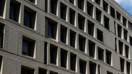 Fototapeta premium Angled shot of a brutalist concrete building facade with a grid of recessed windows.