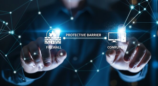 Network protection barrier. An IT specialist's hands trace a line from a firewall icon to a computer icon, establishing a protective barrier on a holographic network.