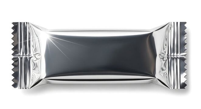 Single candy bar in silver metallic foil wrapper with white background
