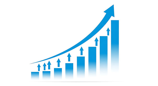 Blue bar graph chart showing upward growth trend with increasing arrows