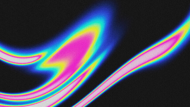 Psychedelic abstract fluid art background with vibrant rainbow gradient streaks, glitch grain texture, neon pink, blue, and yellow waves on a black backdrop.