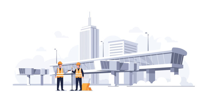 Two construction workers in high-visibility vests and hard hats surveying an urban infrastructure project with a modern cityscape background, flat vector illustration