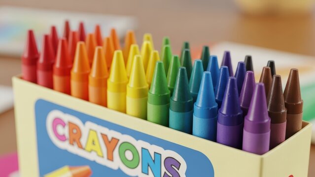 Box of assorted colorful crayons arranged by color.