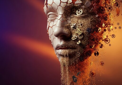 A close up of a face fragmenting into sand and antique clock gears as a representation of aging and the relentless passage of time, texture, sand, fleeting