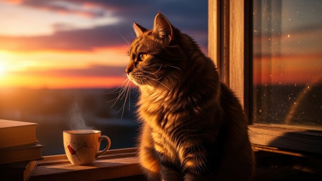 Fluffy cat on a windowsill with a cup of tea at sunset.