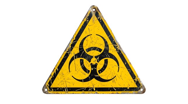 Weathered triangular biohazard warning sign with black symbol and border on yellow background, showing heavy scratches, rust, and signs of age, isolated on white background.