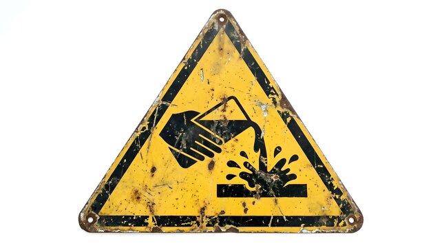Vintage triangular yellow warning sign for corrosive substances featuring a black icon of a hand pouring liquid onto a surface, heavily weathered with rust on a white background.