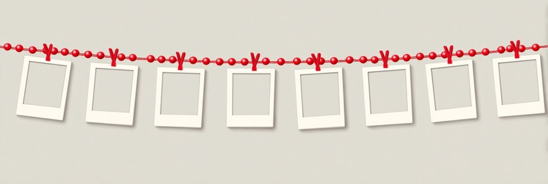 Christmas, photo frames, string, Decorative red string with empty photo frames for Christmas holiday decoration and social media content, decorative, minimalist, festive, cheerful