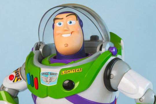Closeup of Buzz Lightyear character from the Toy Story movie Disney Pixar saga. Illustrative editorial