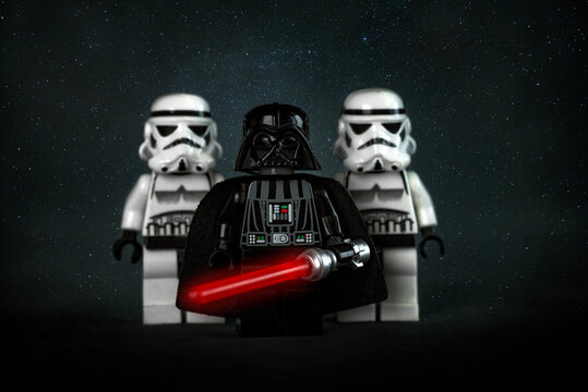 Lego Star Wars Storm Troopers and Darth Vader. Illustrative editorial