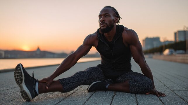Man athlete stretching on urban pavement at sunset for fitness promotion and health advertising, outdoor, urban, athletic, casual, focused, determined, fitness promotion, health advertising