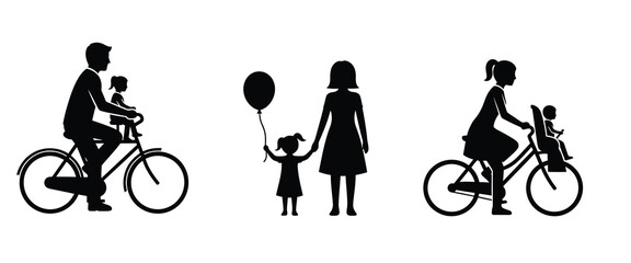 Obraz premium Celebrating mother's day family bike ride silhouette with love balloons and joyful moments