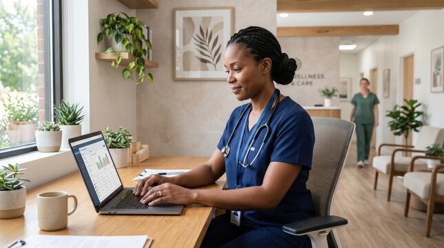 Nurse working on laptop in clinic reception