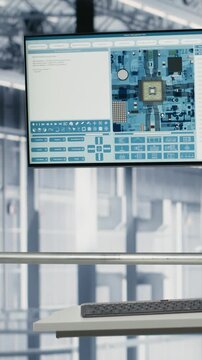 Vertical video Software on display in empty microchips manufacturing plant monitoring fabrication supply chain yield data. Computer program visualizing semiconductors factory production line