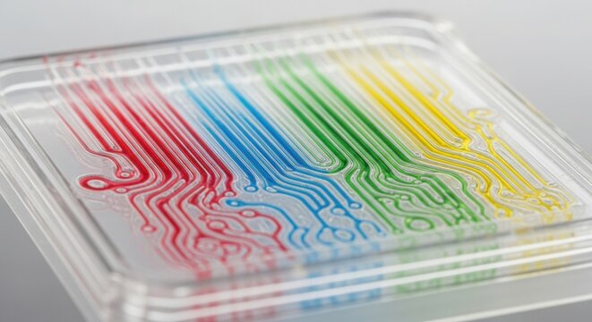 A microfluidic lab on a chip device featuring intricate colorful channels for advanced bio research.