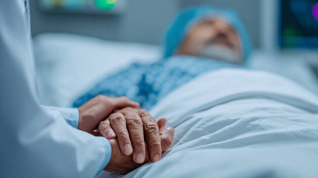 Doctor, patient, Doctor holding hands with elderly patient in hospital bed conveying care and support in a clinical setting for healthcare marketing and emotional campaigns, hospital room