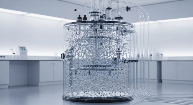 A large clear glass bioreactor tank with rising bubbles inside a sterile modern medical laboratory.