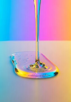 Transparent viscous liquid pours onto a flat background, forming a perfectly straight and clean edge with glossy reflections and depth, viscosity, modern, glass
