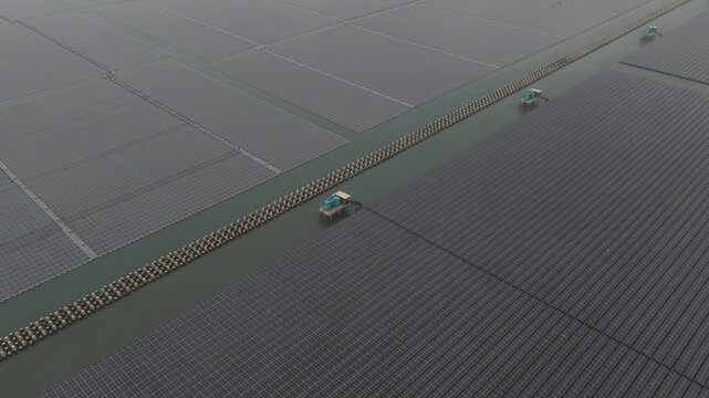 Aerial view of floating solar panels at the Changhua Coastal Industrial Park with maintenance equipment and water channels under a hazy sky in Haipu Village, Changhua County, Taiwan.