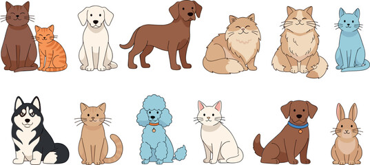 Fototapeta premium Cute Animal Cartoon Set with Cats, Dogs, Rabbits, and Other Pets in Flat Design Style for Kids, Pet Lovers, and IllustrationsCute Animal Cartoon Set with Cats, Dogs, Rabbits, and Other Pes