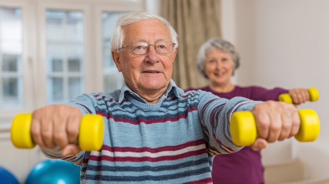 Elderly man, elderly woman, Elderly couple exercising with dumbbells in a bright indoor gym promoting fitness and health for seniors, indoor gym, exercise room, informal, casual, active, positive
