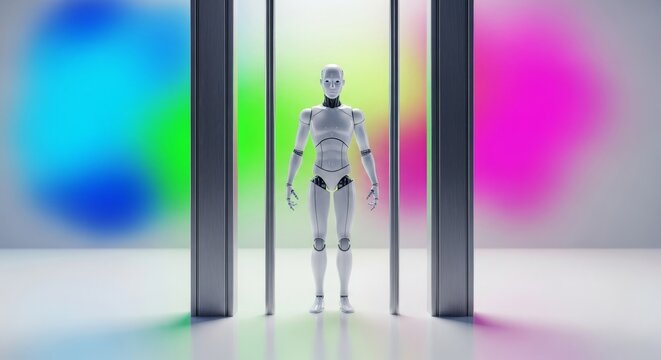 A white humanoid robot stands between metallic parallel bars in a bright modern medical facility designed for advanced physical therapy care, technology, exercise, recovery