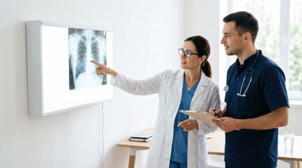 Fototapeta premium Doctors reviewing chest xray on illuminated viewer