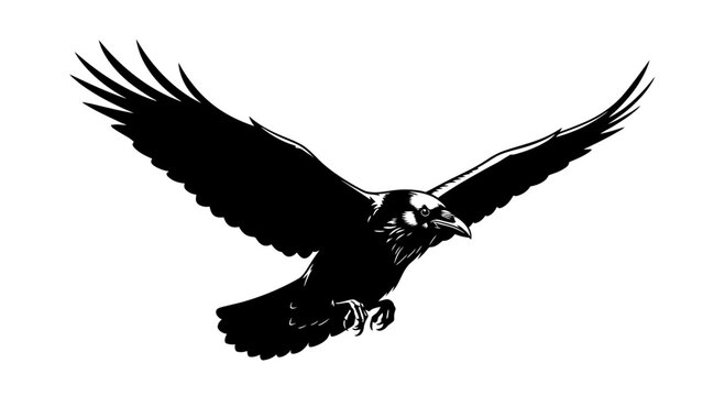 Raven Flying Illustration Black and White Vector Art