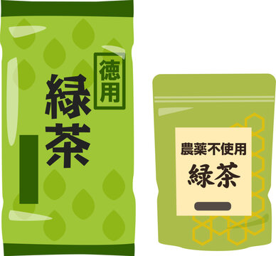 徳用緑茶と農薬不使用緑茶のパッケージ