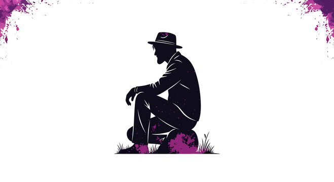 Silhouette of a Man in a Hat Sitting Alone Vector Illustration
