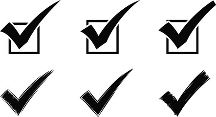 Set of black check mark icons in different styles, checkbox symbols isolated on white background, approval verification ticks, minimalist graphic design elements collection © Chandra 