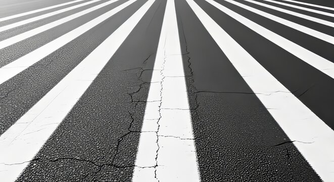A wide angle view of white painted parallel stripes across a dark gray asphalt road surface on a bright day showing texture and contrast, path, contrast, white