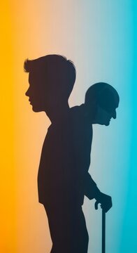 A youthful profile stands against a bright wall as its dark silhouette detaches, transforming into a stooped form with aged features, evolution, wrinkles, youth