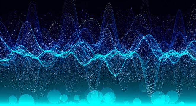 Abstract digital wave pattern with glowing blue particles and particles background