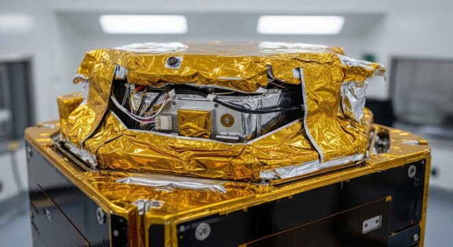 A Close Up View Of A Satellite Component Wrapped In Reflective Gold Thermal Insulation Foil Sheets.