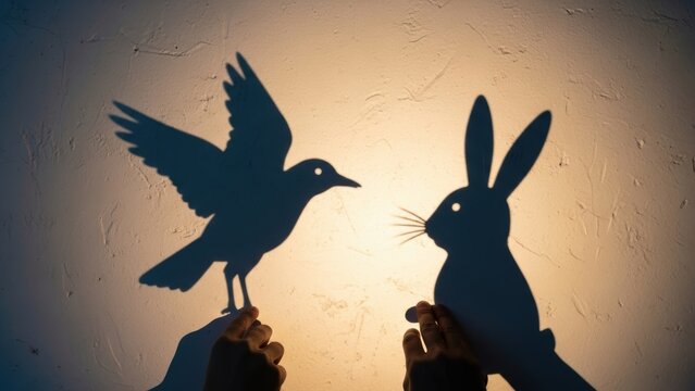 Two hands creating shadow puppets of a bird and a rabbit.