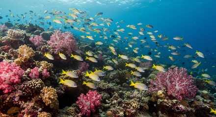 Naklejka premium 鮮やかなサンゴ礁と群れる熱帯魚が織りなす幻想的な水中世界 穏やかな光が美しく輝く. AI Generated