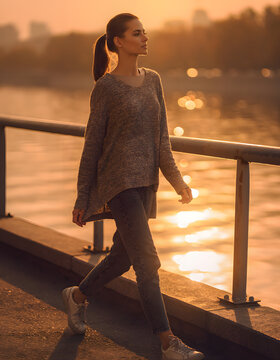 Young woman walking along a riverfront at sunset