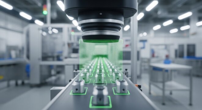Industrial camera scanning metal components on a moving conveyor belt in a modern factory setting.