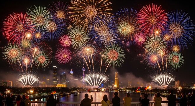 夜空いっぱいに広がる色とりどりの打ち上げ花火が華麗に炸裂し街の灯りを煌びやかに照らす水面には幻想的な光が揺らめき観客の心を奪う壮大な夏の夜の祭典. AI Generated
