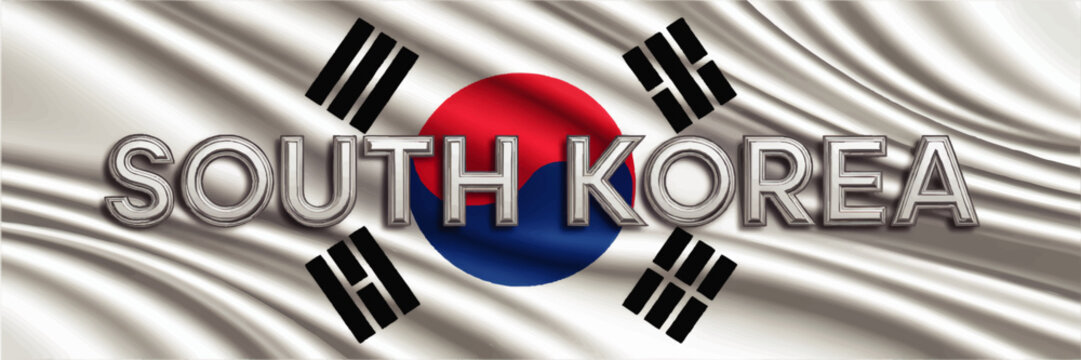 Metallic South Korea Text Over Waving Korean Flag Background with Red Blue Circle and Black Trigrams, Patriotic National Banner