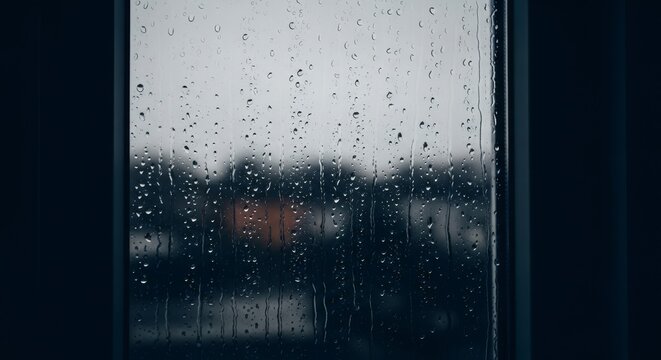 Raindrops stream down a dark window pane in a dimly lit room, creating a melancholy atmosphere with soft shadows and a cold outdoor view, winter, storm, water